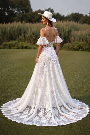 White Corset Ruffled Wedding Dress with Appliques